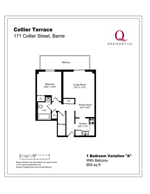 Floor plan for 1 bed, 1 bath, 605 sqft